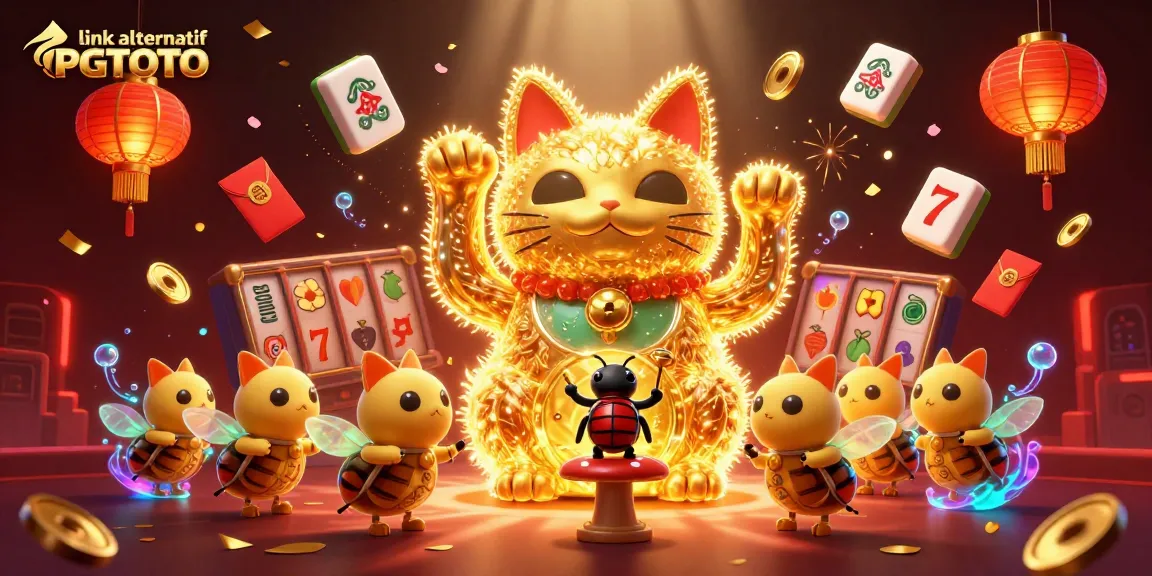 Engage with link alternatif PGTOTO featuring a vibrant 3D lucky cat and casino symbols.