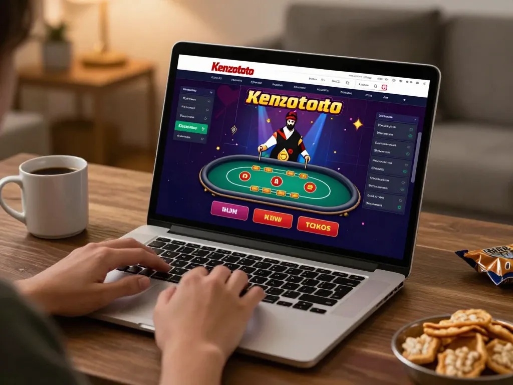 Aksi permainan online Kenzototo menunjukkan permainan dealer langsung di laptop, pengguna terlibat dalam taruhan strategis