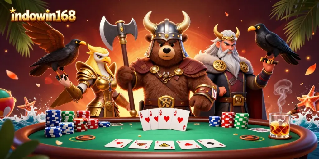Bergabunglah dengan pengalaman judi seru di indowin168 dengan karakter kartun Viking dan elemen poker.