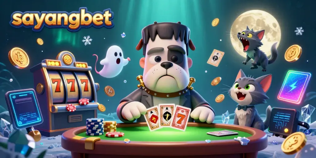 Sayangbet showcases a whimsical online casino scene with engaging characters and vibrant slot elements.