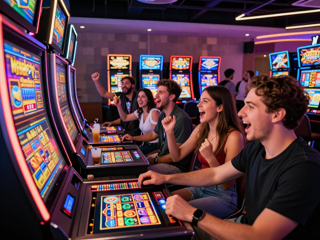 Slot Thailand: Kelompok teman bersemangat bermain mesin slot di kasino modern.