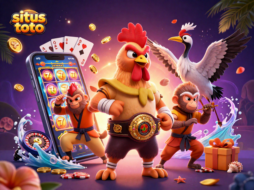 Gambarkan situs toto dengan ayam Muay Thai yang tangguh dan karakter lain dalam atmosfer kasino yang menarik.
