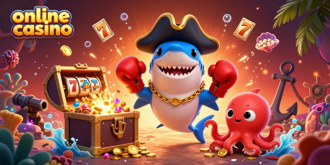 Engaging online casino scene featuring a shark, pufferfish, and octopus surrounded by vibrant game elements.