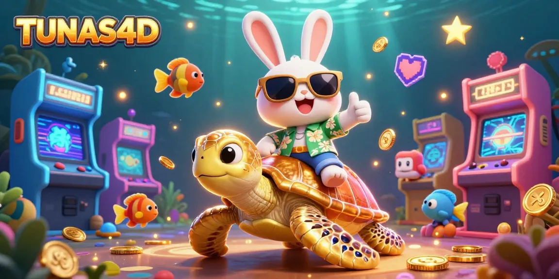 TUNAS4D features an adorable lucky rabbit and golden sea turtle in a vibrant underwater casino adventure.