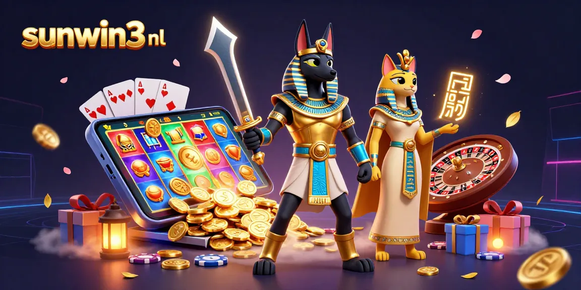 Win big at sunwin3 nl with Anubis and Bastet in a vibrant 3D casino scene.
