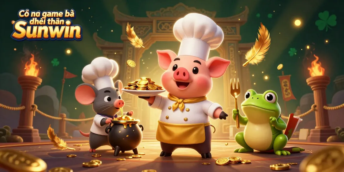 Cổng game bài đổi thưởng Sunwin showcases an engaging 3D scene with vibrant characters and gold elements, ideal for gamblers.