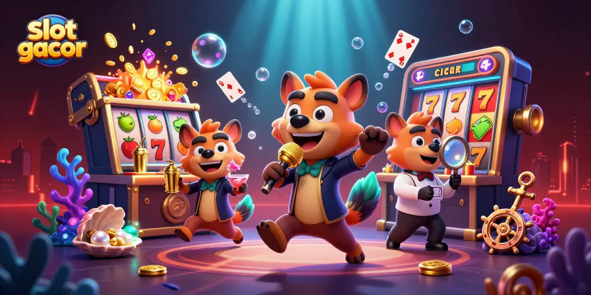 Engage with slot gacor excitement in a vibrant casino scene, featuring hyena characters and lively elements.