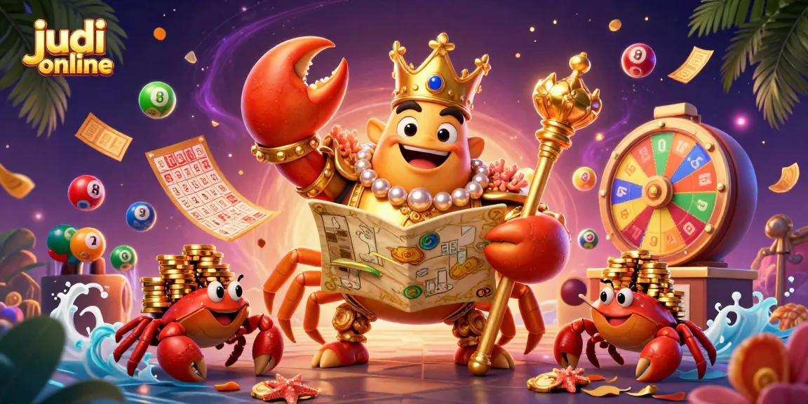 Experience the thrill of judi online with a colorful crab emperor and treasure-filled scene.
