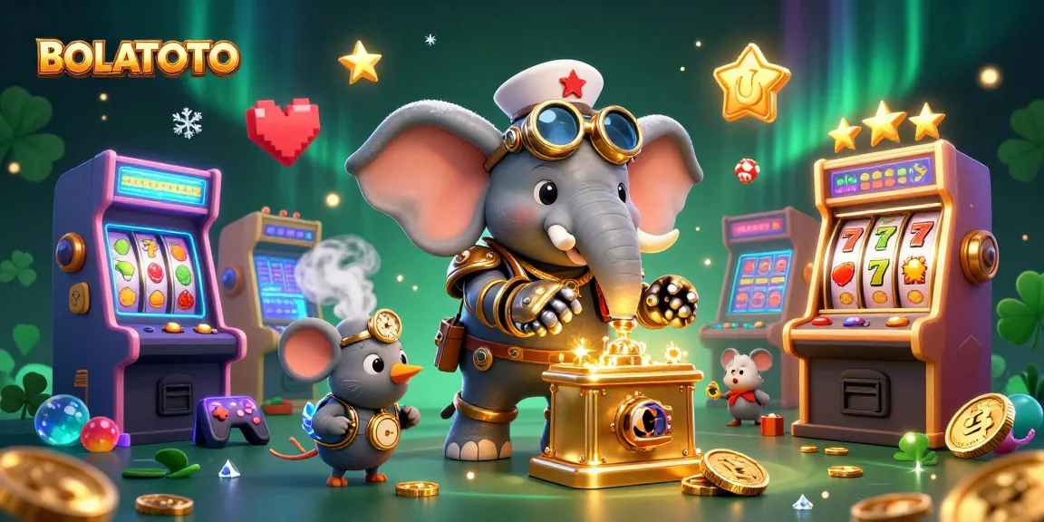 Visualisasi BOLATOTO menunjukkan karakter steampunk di mesin slot dengan simbol keberuntungan, menarik perhatian pemain.
