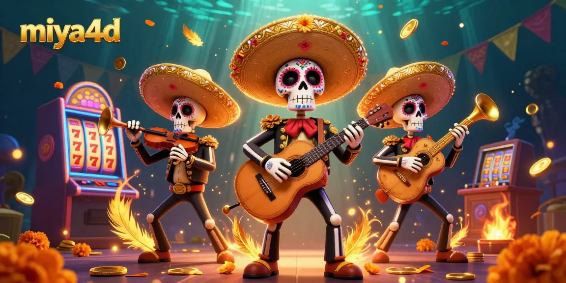 Miya4d brings excitement with a colorful mariachi band surrounded by slot reels and festive elements.