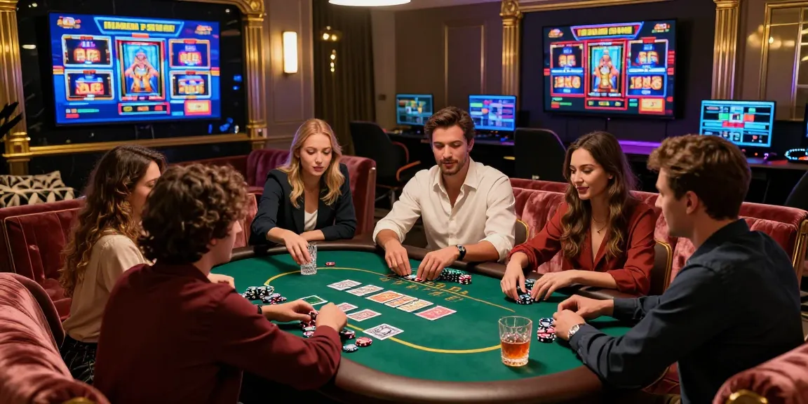 Link LUXURY777 di ruang permainan mewah, teman-teman menikmati malam dengan permainan slot dan minuman berkelas.