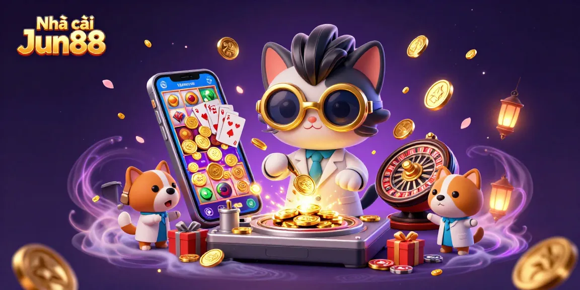 Engage in thrilling gameplay at Nhà cái Jun88 with a vibrant casino scene featuring colorful slots and exciting characters.
