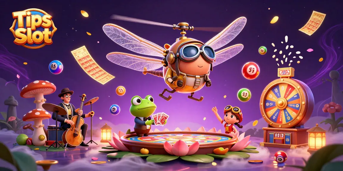Experience thrilling Tips Slot moments with a dragonfly pilot, frog croupier, and jazz musicians in vibrant casino art.