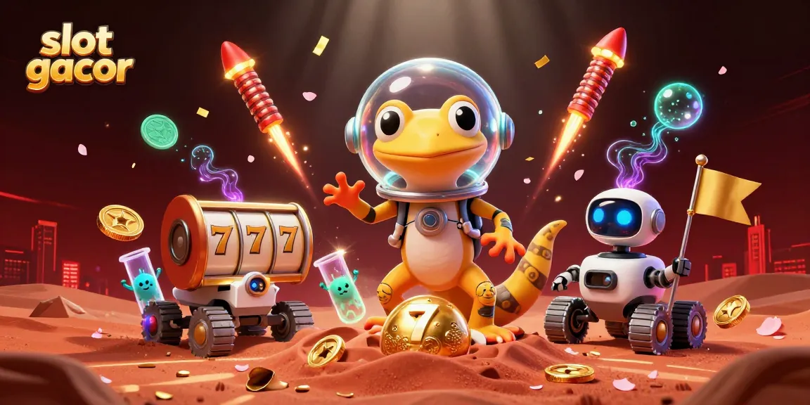 Slot gacor mengundang keberuntungan dengan gulungan slot berkilau dan karakter menarik di latar belakang kasino yang menakjubkan.