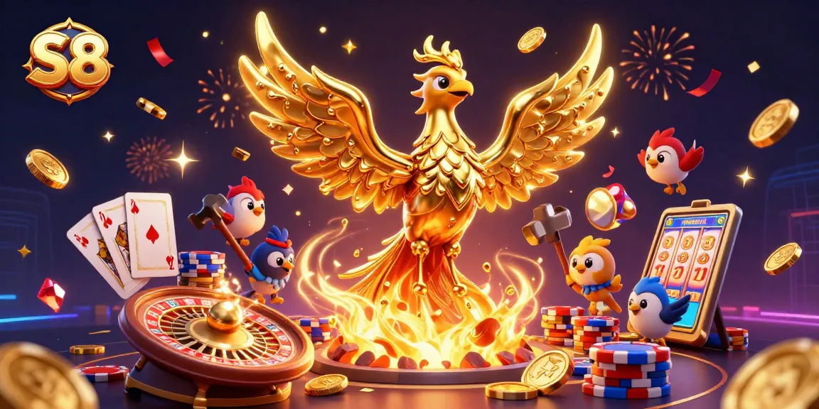 S8 players winning big in a dynamic online casino scene with a molten gold phoenix.