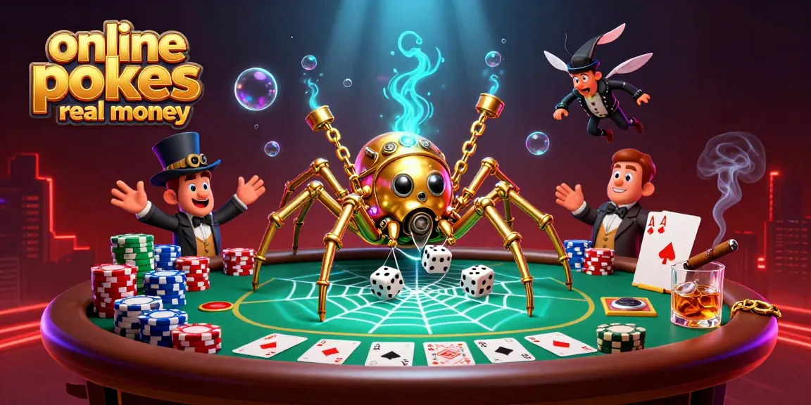 Spin online pokies real money with a whimsical steampunk theme featuring a golden spider and trapped fly.