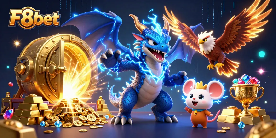 Experience thrilling wins with F8bet's vibrant jackpot scene featuring dynamic characters and rich treasures.