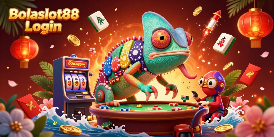 Bolaslot88 Login features an engaging scene with a colorful chameleon casino owner catching coins, celebrating slots in a vibrant environment.