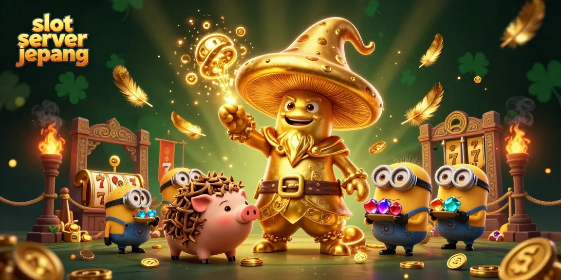 Engage with slot server jepang magic in a vibrant, whimsical casino scene featuring golden mushroom characters and treasures.