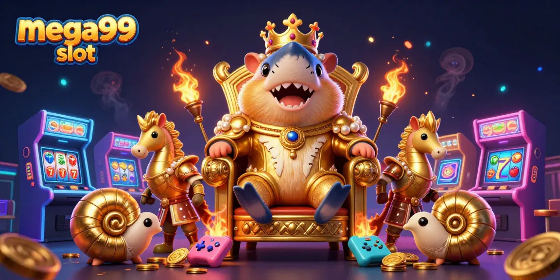 Experience the excitement of mega99 slot with a dazzling scene featuring a golden hamster king and dynamic game elements.