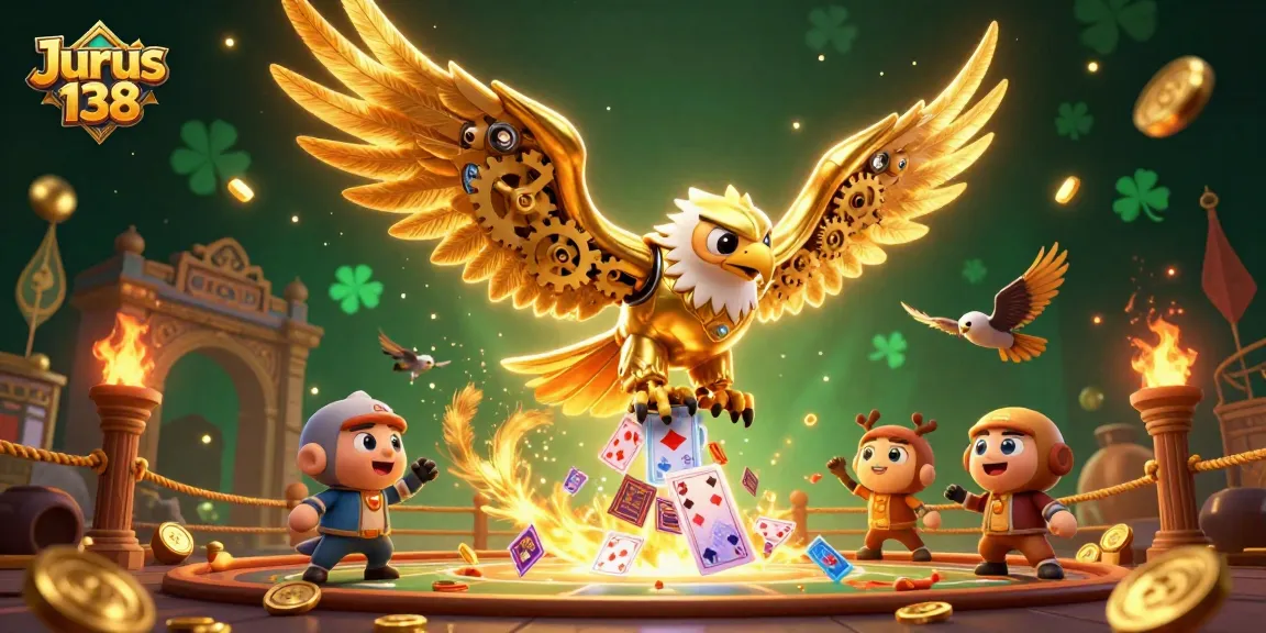 Experience thrilling gameplay at Jurus 138 with cybernetic eagle in a vibrant casino scene.