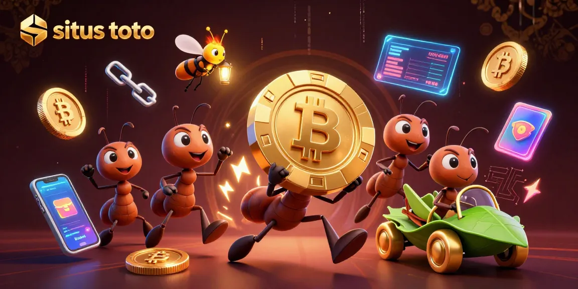 Tim semut situs toto mengangkut chip poker emas besar dengan efek visual menawan.