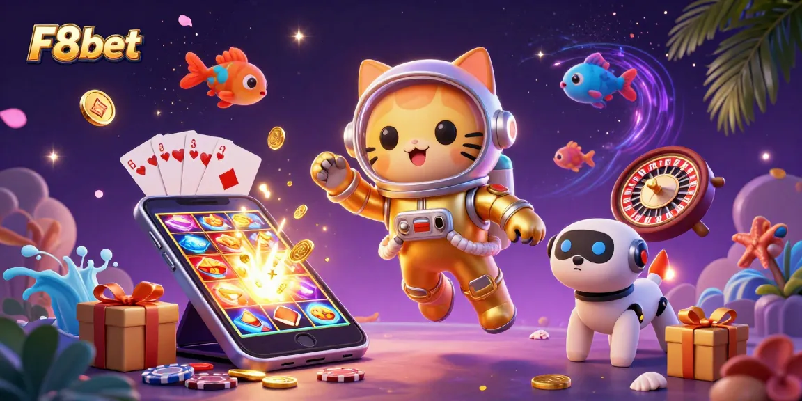 Spin and win with F8bet in this vibrant 3D casino illustration featuring dynamic gaming elements.