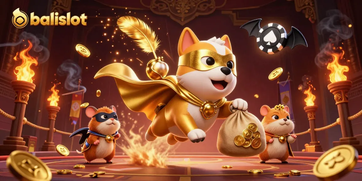 Gali kemenangan balislot dengan superhero anjing terbang yang membawa koin emas dalam suasana kasino.